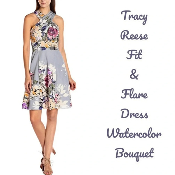 Tracy Reese blue gray floral silk crepe fit and flare dress watercolor floral - Picture 3 of 11